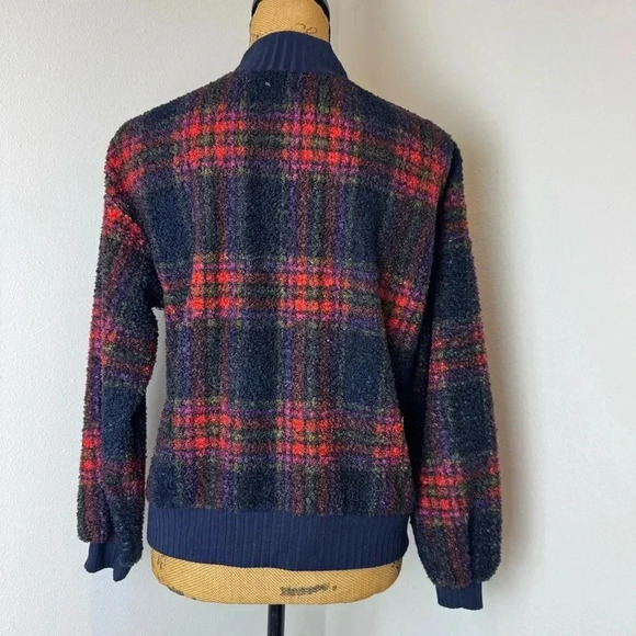 ANTHROPOLOGIE porridge mock neck pullover sweater Sherpa plaid navy red XS - Picture 3 of 3